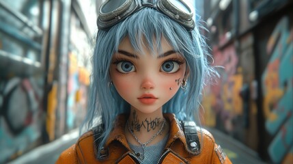 Young woman punk avatar, piercings, colored hair, leather jacket, ripped jeans. City street, graffiti on the walls. Funny cheerful facial expression, 3d style cartoon character