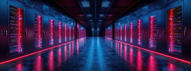 Fototapeta premium Overhead shot of a massive data center processing big data with quantum computing power. 