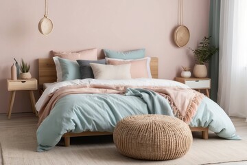 A Modern Bedroom with a  Pink Wall,  Light Blue Bedding, and a Woven Ottoman