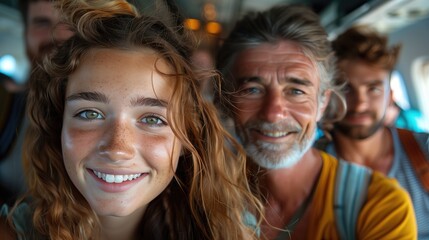 Fototapeta premium Parents and their teenage children, taking a selfie with the airplane cabin in the background, all smiling brightly. 