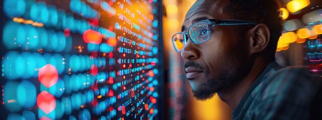 Technician working on quantum computer hardware surrounded by neon lights and digital data streams