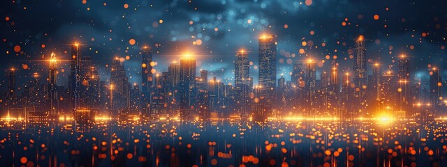 Visual representation of big data analytics with a cityscape made of binary code and data points