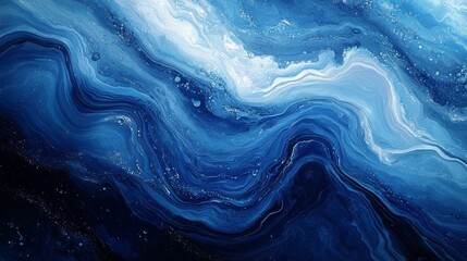 A mesmerizing abstract painting featuring swirling shades of blue and white, creating a fluid and dynamic ocean-like effect