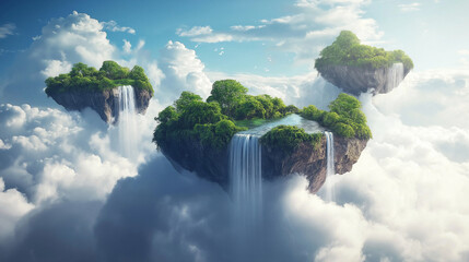 A whimsical landscape with floating islands and waterfalls cascading into the clouds