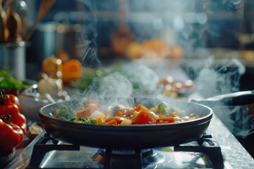 Cooking vegetables in pan, vegan food