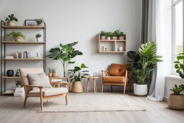 Modern Living Room Interior Design with Plants and Natural Elements