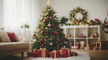 Christmas Tree Decorated with Red and Gold Ornaments, Gifts Underneath, Festive Interior