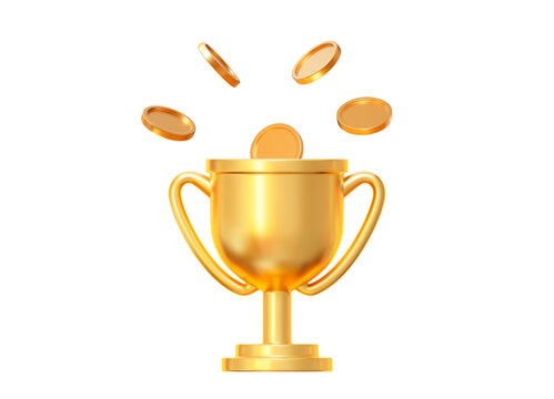 3d realistic golden trophy cup with flying gold coins. Stock vector illustration on isolated background
