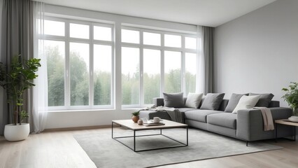 Fototapeta premium Modern Living Room with Grey Sectional Sofa and Large Windows
