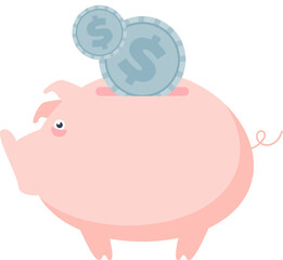 Cartoon piggy bank with a coin symbolizing savings and financial planning.