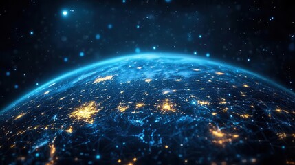 Obraz premium globe enveloped in glowing blue network grid interconnected data streams orbiting earth stars twinkling in deep space background global connectivity concept