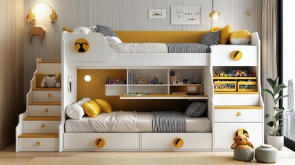 A stylish bunk bed design with storage and a cozy atmosphere, perfect for children's rooms.