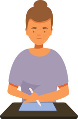 Young female designer is using a digital tablet and stylus pen, creating illustrations for a new project