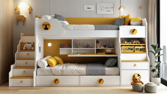 A stylish bunk bed design with storage and a cozy atmosphere, perfect for children's rooms.