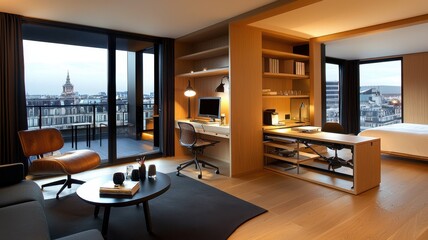 Fototapeta premium Modern and stylish living space with a city view, featuring a comfortable chair, desk, and airy design for relaxation and work.