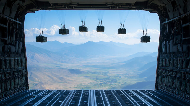 A military supply drop operation, with soldiers parachuting from a cargo plane and large crates of supplies being airdropped into a remote location. The sky is filled with parachut