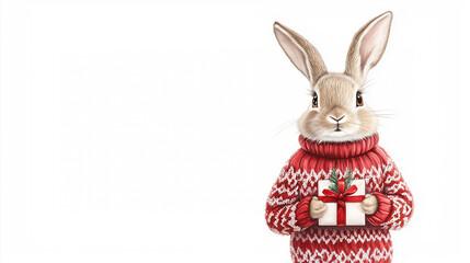 Obraz premium An elegant illustration of a cute rabbit dressed in a cozy, light red sweater with dark white details, holding a beautifully wrapped Christmas gift. The rabbit stands in full lengt