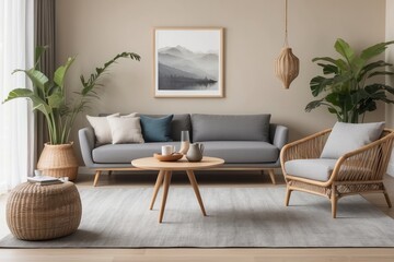 Modern Living Room with Grey Sofa, Wicker Armchair and Plants