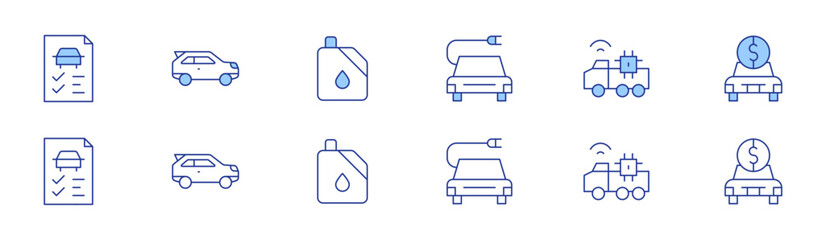 Obraz premium Car icon set in two styles, Duotone and Thin Line style. Editable stroke. electric car, autonomous car, car check, suv, petrol, car