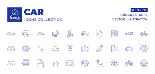 Car icons collection. Thin Line icons, editable stroke. car, caravan, car key, abs, diagnostic, speedometer, motor, full battery, rearview mirror, wiper, tires, delivery car