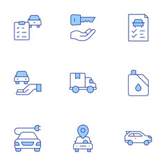 Car icons set. Line Duotone style, editable stroke. car check, car key, driving test, suv, delivery truck, car sharing, electric car, petrol