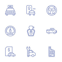 Car icons set. Thin Line style, editable stroke. car, maintenance, speedometer, location pin, steering wheel, car loan, lubricant, pickup truck, automatic transmission