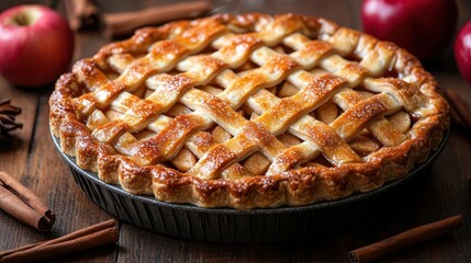goldencrusted apple pie with lattice top steam rising rustic wooden table cinnamon sticks nearby