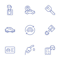 Car icons set. Thin Line style, editable stroke. piston, car key, driving test, car, location, automatic transmission, fuel pump, driving license