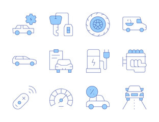 Car icons. Line Duotone style, editable stroke. car key, car loan, wheel, electric charge, drive, diagnostic, suv, speedometer, delivery car, car engine, maintenance, controller