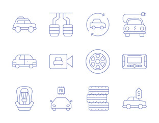 Car icons. Thin Line style, editable stroke. baby car seat, car radio, car, exchange, electric car, motor, tires, smart car, car pedals, security camera