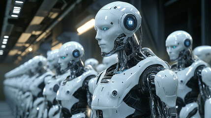 A group of cyborgs or artificial intelligence robots in a factory setting. --ar 16:9 --v 6.1 Job ID: 3da20ca9-60c6-4085-bd9c-270ef7f937cf