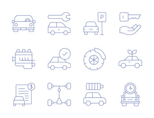 Car icons. Thin Line style, editable stroke. car, car engine, duration, credit, eco car, car key, car parking, locked car, electric car, car wheel, car repair
