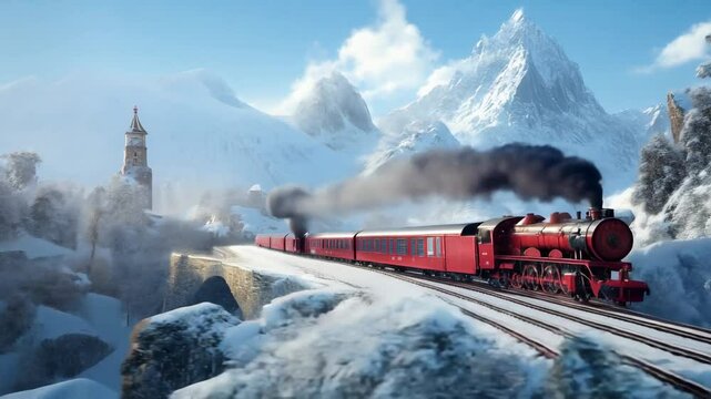 Red train crossing a snowy mountain bridge with dramatic peaks in the background