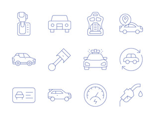 Car icons. Thin Line style, editable stroke. car, location, automatic transmission, fuel pump, driving license, police car, suv, speedometer, car seat, piston
