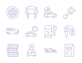 Car icons. Thin Line style, editable stroke. motor, tires, suv, piston, repair, electric charge, car, car sharing, car key, car check, maintenance, flying car