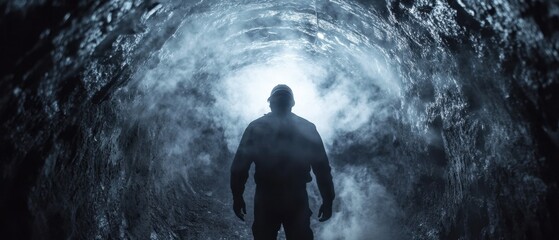 Obraz premium Miner emerging from dark tunnel face covered in dust bright light at the exit capturing resilience and hard work underground