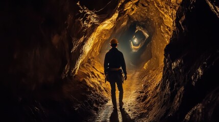 Obraz premium Miner walking through narrow tunnel with lantern shadows cast on rocky walls intense focus on path ahead underground journey