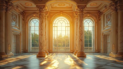 grandiose room with towering marble columns massive arched window ornate details soft natural light streaming in luxurious classical interior