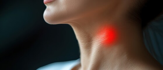 A close-up of a woman's neck showing a visibly swollen thyroid gland, gentle lighting, neutral background, focus on the swelling and discomfort