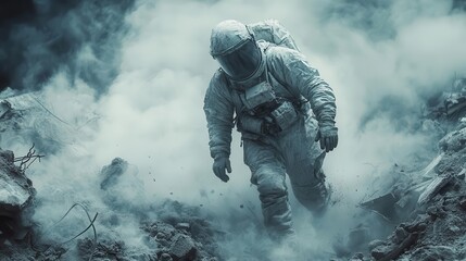 Fototapeta premium heroic rescue worker in protective gear searching through earthquake rubble dramatic lighting highlights determination dusty chaotic scene with fallen concrete and twisted metal