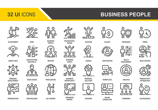 Vector set of business people flat line web icons. Each icon with adjustable strokes neatly designed on pixel perfect 48X48 size grid. Fully editable and easy to use.