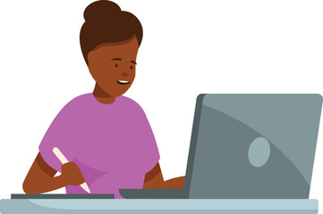 Young woman is using a graphic tablet and laptop while working from home