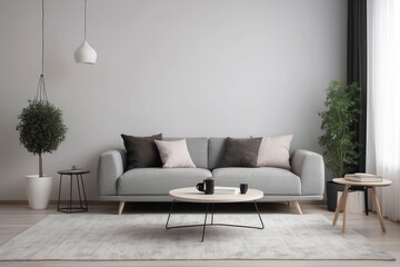 Modern Living Room with Grey Sofa, Coffee Table, and Plants