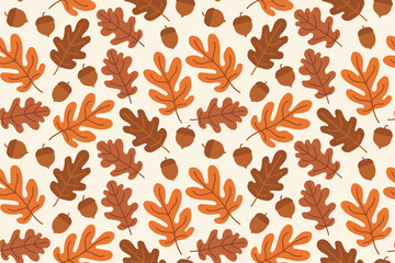 seamless pattern with oak leaves and acorns; autumn background - vector illustration