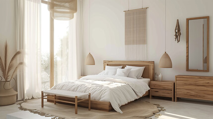 Scandinavian-style bedroom with light wood furniture and white bedding.