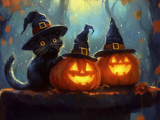 Halloween, a black cat, a magic hat, two funny pumpkins, night, fog. forest, leaves, autumn, october, holiday.
