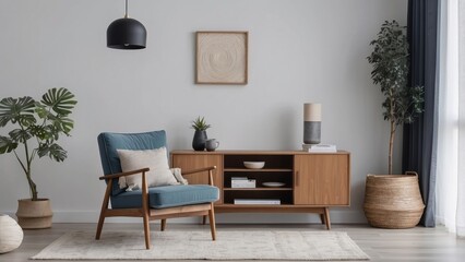 Modern living room with a teal armchair, wooden cabinet, and plants