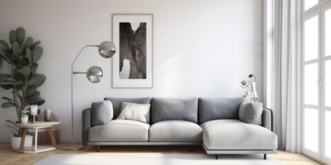 Modern minimalist living room with grey sofa and green cactus. Interior design of sofa with modern decoration in modern and minimal style. Interior photograph for home and design. Living room. AIG51.