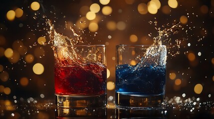 Whiskey Splash in Red and Blue - Bronze Bokeh Studio Photography