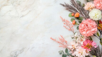 Delicate pink and white flowers arranged on a light marble background, creating a serene and elegant flat lay composition.